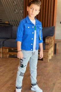 Boy's Merci Pocket Mascot Detailed Denim Jacket and Trousers 3-piece Blue Top and Bottom Set 100327401