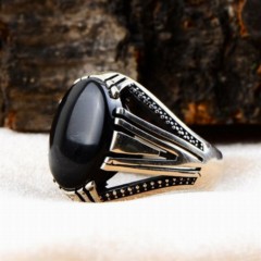 Onyx Stone Rings - Black Onyx Stone Claw Sterling Silver Men's Ring 100348172 - Turkey