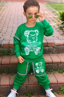 Boy's Teddy Bear Printed Stripe Detailed Crew Neck Green Tracksuit Suit 100344696