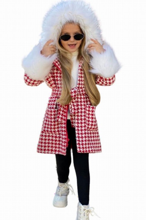 Coat, Trench Coat - Manteau rouge en laine à capuche avec imprimé à carreaux pour fille 100330978 - Turkey