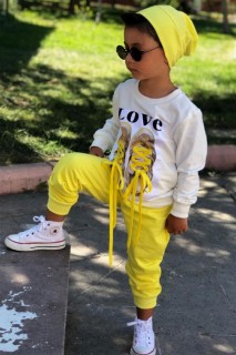 Tracksuit Set - Boys Girls LOVE And Shoe Printed Rope Detailed Yellow Tracksuit Set 100328633 - Turkey