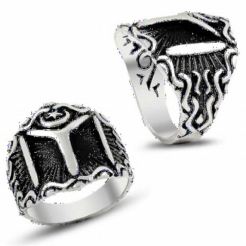 Special Black Background Kayi-Length Motif Moon and Star Silver Men's Ring 100348537