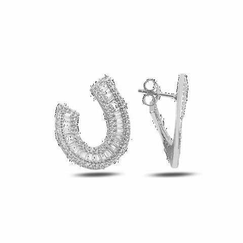 Earrings - Special Design Silver Earrings with Baguette Stone 100347069 - Turkey