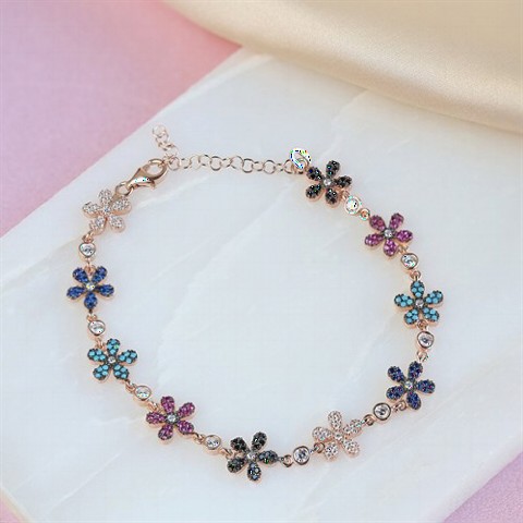 Floral Motif Colorful Stone Silver Women's Bracelet 100347389