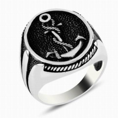Stoneless Rings - Anchor Embroidered Black Ground Silver Ring 100347657 - Turkey