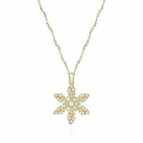 Opal Stone Detailed Snowflake Silver Necklace Gold 100350078