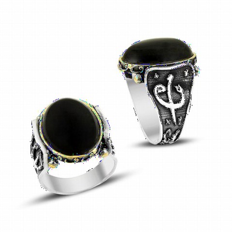 Black Agate Stone Edges Elif Vav Motif Sterling Silver Men's Ring 100349302