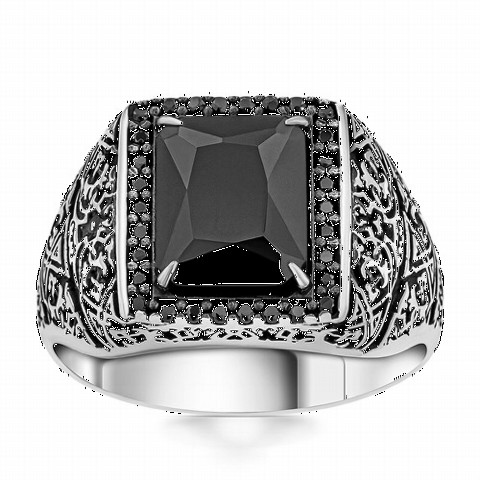 Zircon Stone Rings - Pattern Embroidered Black Zircon Stone Silver Ring 100350235 - Turkey