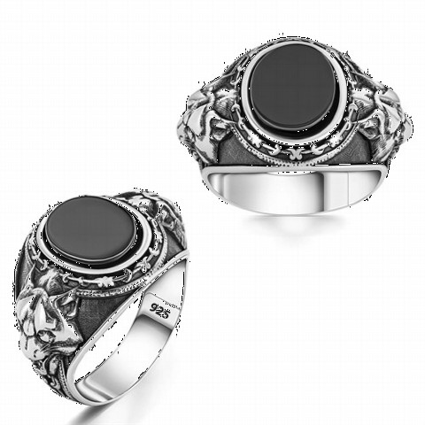 Onyx Stone Rings - خاتم فضة بحجر أونيكس برأس نمر ثلاثي الأبعاد 100350265 - Turkey