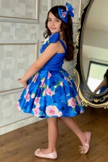 Girl's Fluffy Blue Dress With Brooch And Buckle Flower Print 100328738