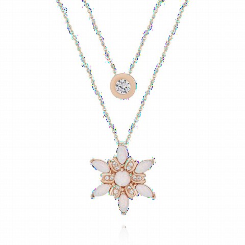 Opal Stone Wind Flower Stone Detailed Silver Necklace Rose 100350095
