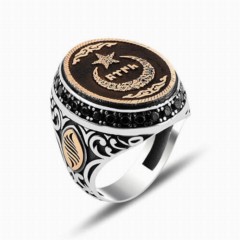 Moon Star Rings - Crescent and Star In Gokturk Turkish Inlaid Silver Men's Ring 100348048 - Turkey