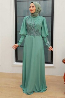 Almond Green Hijab Evening Dress 100340082