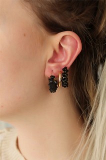 Black Color Natural Stone Detail Earrings Set 100319744