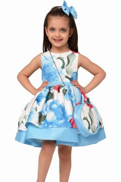 Girls - Girl's Waist Banded Back Bow, Bag and Buckle Gift, Floral Printed Blue Dress 100327367 - Turkey