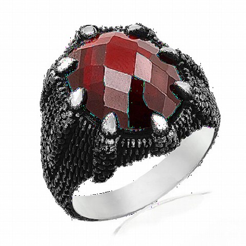 Eagle Claw Red Zircon Stone Sterling Silver Men's Ring 100348747