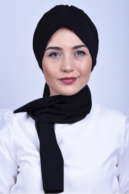 Woman Bonnet & Turban - Geraffte Krawattenmütze Schwarz - Turkey