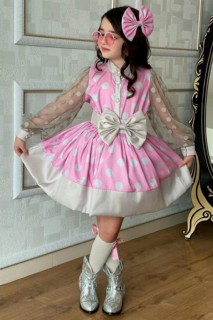 Evening Dress - Girls' Polka Dot and Bowtie Belt 4 Piece Pink Evening Dress 100328739 - Turkey