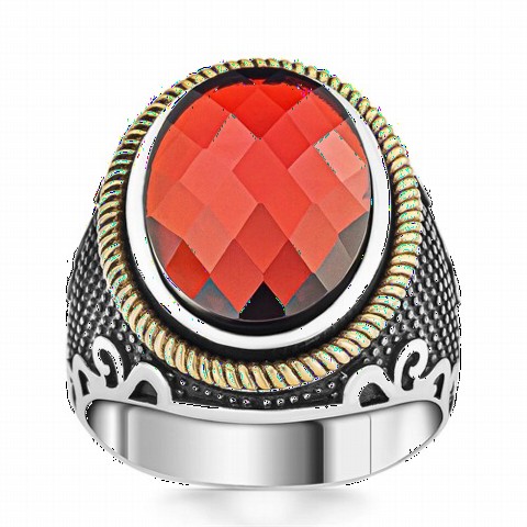 Dot Patterned Red Zircon Stone Silver Ring 100350380