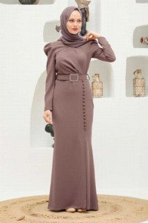 Evening & Party Dresses - Dark Dusty Rose Hijab Evening Dress 100339305 - Turkey