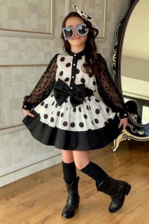 Evening Dress - Girls' Polka Dot and Bow Belt 4 Piece Black Evening Dress 100344664 - Turkey