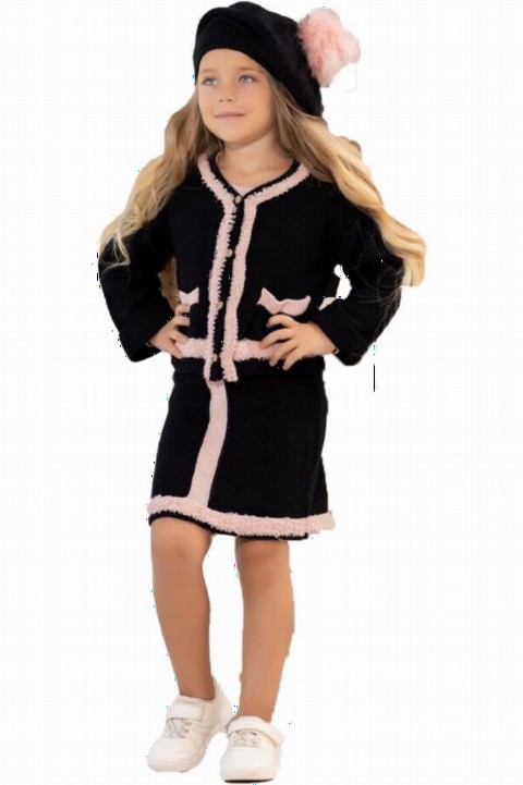 Outwear - Girl's Pompom Beret Black Knitwear Skirt Suit 100326865 - Turkey