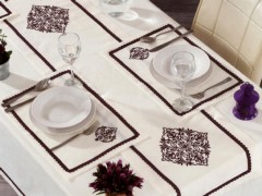 Others Item - Adenya Embroidered Linen A. Service Table Cloth Set 14 Pieces Plum 100330264 - Turkey