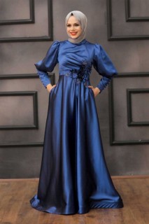 Wedding & Evening - İndigo Blue Hijab Evening Dress 100337210 - Turkey