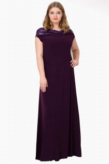 Evening Cloths - Plus Size Kiss Collar Sequined Lycra Long Evening Dress 100276044 - Turkey
