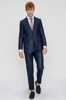 Men's Navy Blue Plaid Check Dynamic Fit Comfortable Cut 6 Drop Suit 100350626