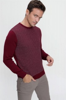 Men's Claret Red Cycling Crew Neck Dynamic Fit Comfortable Cut Knit Pattern Knitwear Sweater 100345135