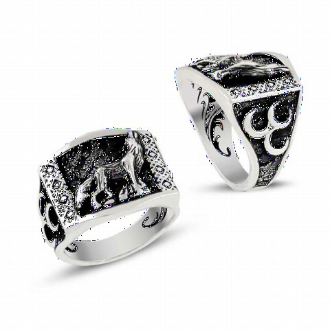Animal Rings - Bozkurt Pattern Three Crescent Motif Sterling Silver Men's Ring 100348847 - Turkey