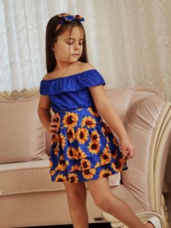 Girl's Sunflower Patterned Flywheel Skirt Blue Suit 100326742