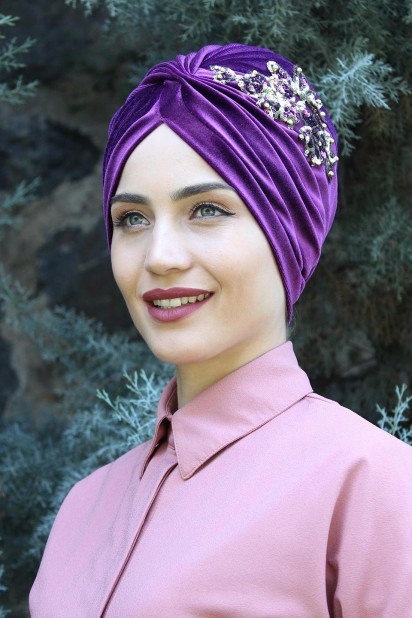 Evening Model - Velvet Sequined Vera Bonnet Purple 100285068 - Turkey