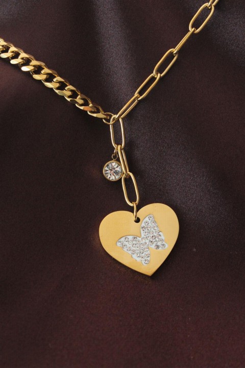 Necklaces - Steel Heart Stone Butterfly Model Necklace 100319735 - Turkey