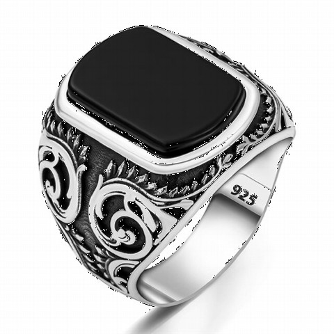 Onyx Stone Pen Embroidered Silver Ring 100350221