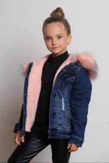 Coat, Trench Coat - Girls' Hoodie Take-Out Pink Fur Denim Coat 100328706 - Turkey