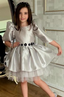 Girls - Girl's Waist Silvery Flower Detailed and Bag Watermelon Sleeve Gray Evening Dress 100327351 - Turkey