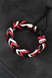 Men - Red White Black Knitted Leather Men's Bracelet 100342414 - Turkey