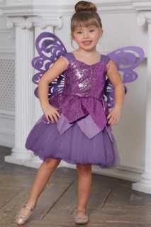 Kids - Girl's Tulle Strap and Plug-On Butterfly Wings Lilac Puffy Puffy Evening Dress 100327418 - Turkey