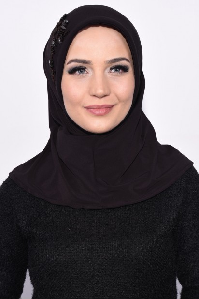 Ready to wear Hijab-Shawl - حجاب عملي مطرز بالترتر بني مر - Turkey