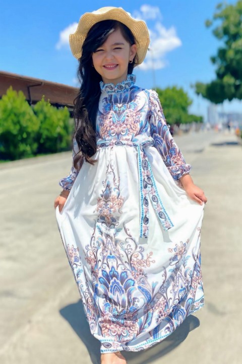 Girl Ethnic Patterned Chiffon White Dress with Ruffle Collar and Ruffled Sleeves 100327437