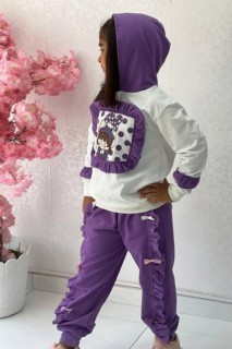 Girl Duck Printed Ruffle Detailed Hooded Purple Tracksuit Suit 100344654