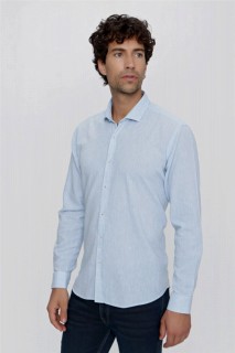 Men's Ice Blue Harmony Linen Long Sleeve Regular Fit Wide Cut Soft Collar Shirt 100351065