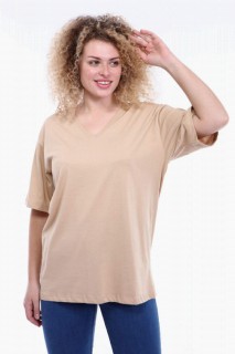 Woman Clothing - Large Size V Neck Cream T-shirt 100276765 - Turkey
