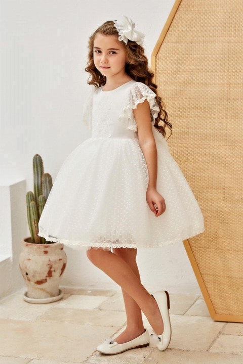 Outwear - أكمام بناتي دانتيل أمامي مكشكش وتنورة تول منفوش فستان أبيض 100327679 - Turkey
