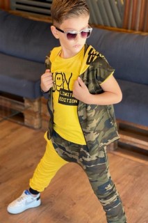 Tracksuit Set - Boy's Limited Length Hooded Camouflage Pockets and Stripe Detailed Yellow Tracksuit 100327508 - Turkey