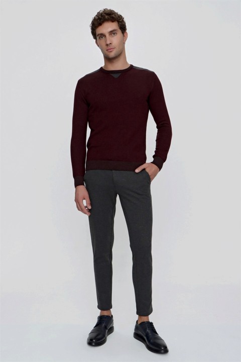 Men's Dark Claret Red Trend Dynamic Fit Loose Cut Crew Neck Knitwear Sweater 100345163