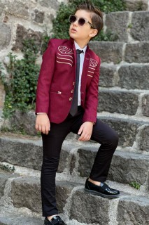 Boy Clothing - Boy's Buttoned Front Collar Tie 4-Piece Claret Red Bottom Top Suit 100328616 - Turkey