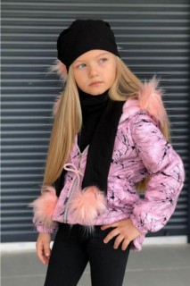 Girls' Waterproof Galaxy Patterned Inner Wool Yarn Detailed Hooded Scarf and Beret Pink Coat 100328701
